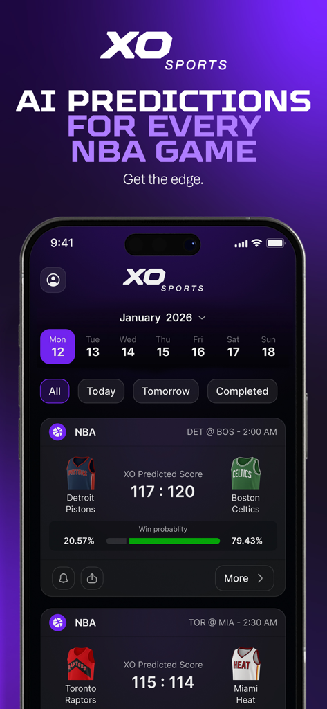 XO SPORTS - XO Sports mobile app interface showing AI predicted scores and win probabilities for NBA basketball games.
