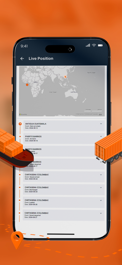 Hapag-Lloyd Mobile App - Hapag-Lloyd App-Bildschirm, der Live Position Sendungsverfolgung und Logistikmeilensteine anzeigt