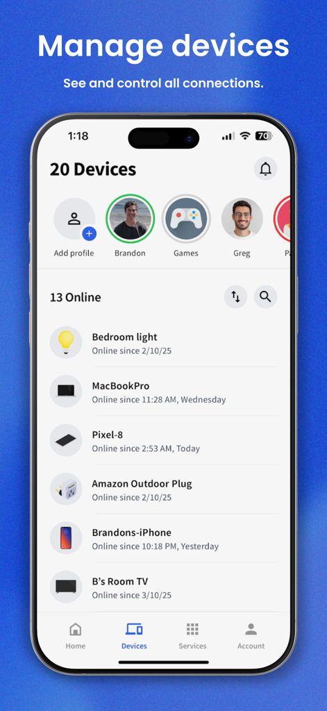 Intellifi by Adtran® - Intellifi app interface showing a list of 20 connected home devices and user profiles for network management.