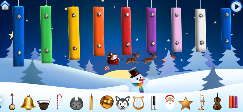 A colorful digital xylophone for toddlers in a festive Christmas scene featuring a snowman and Santa's sleigh.