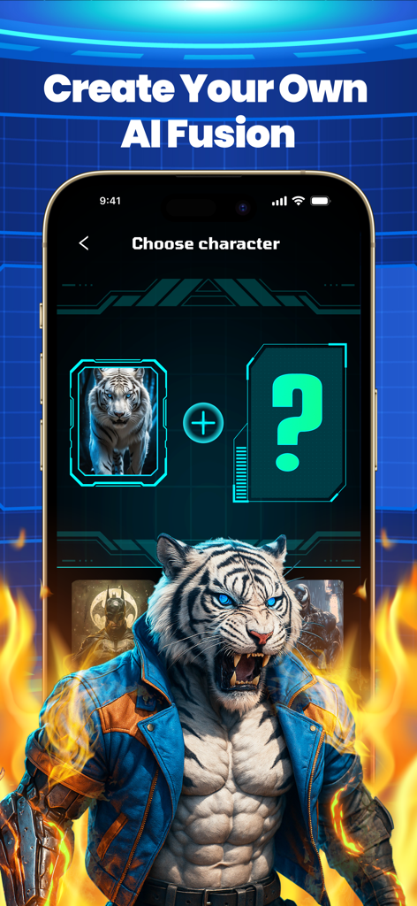 AI Fusion: Hero Animal Merge - A mobile screen showing the creation of a white tiger superhero hybrid in the AI Fusion app.