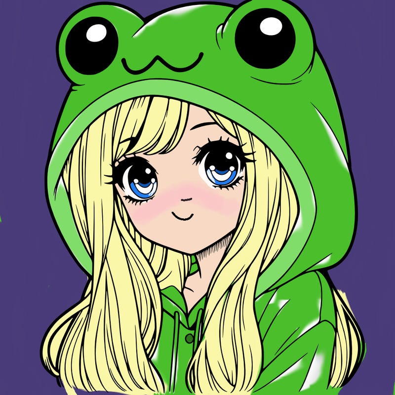 a pretty girl wearing a frog hoodie portrait with long hair