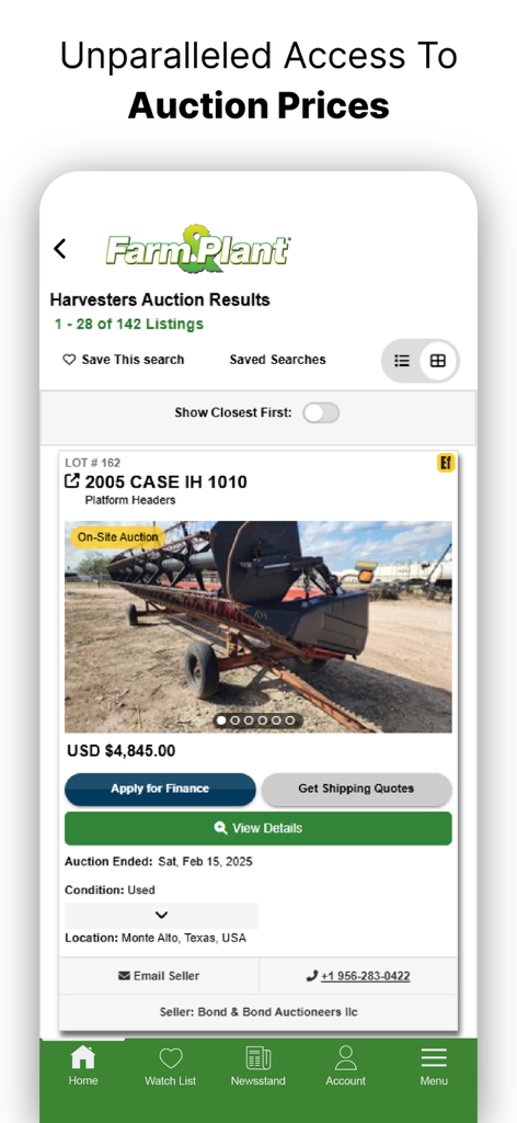 Farm And Plant - Captura de pantalla de la aplicación Farm and Plant que muestra los resultados de la subasta de un anuncio de cosechadora Case IH 1010, incluido el precio y la ubicación