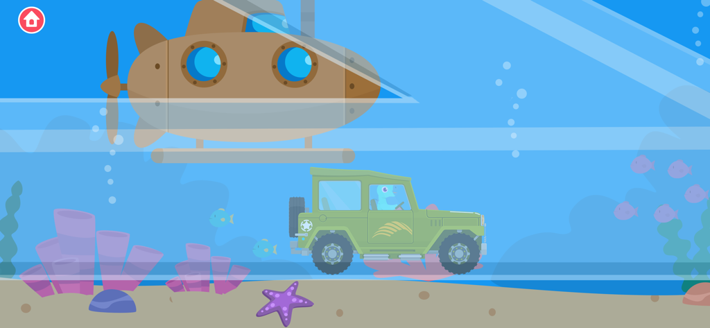 Cartoon-Dinosaurier fährt einen grünen Jeep unter Wasser mit einem U-Boot und Meereslebewesen.