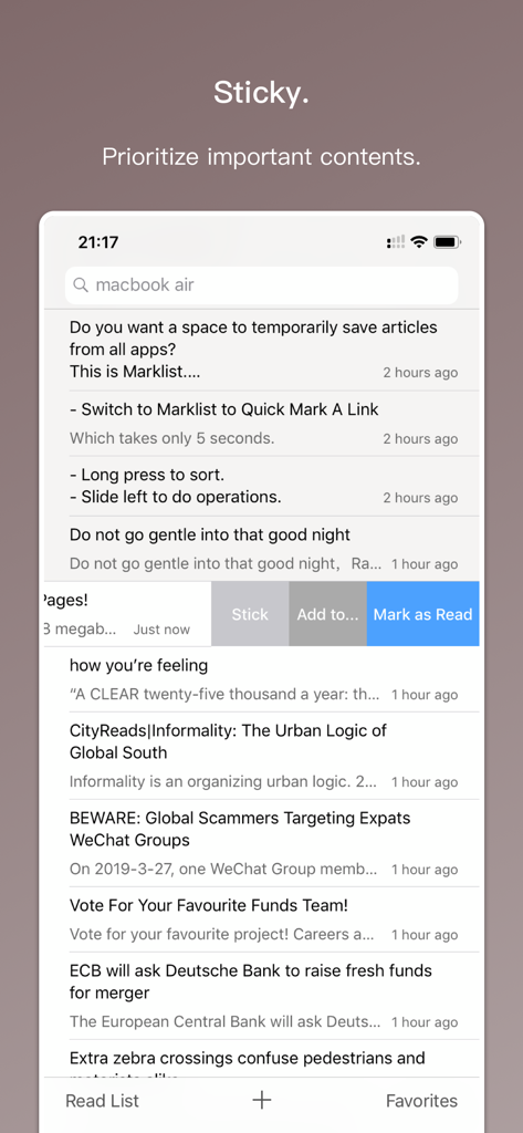 Marklist - Manage Later Things - The Marklist app interface displaying the sticky feature to prioritize important saved content.