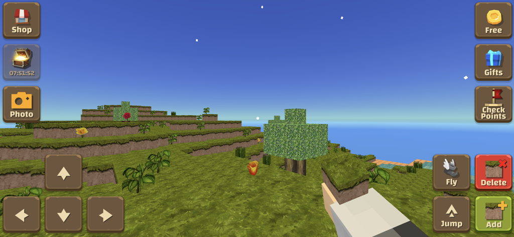 Adventure Craft 3D - Vista en primera persona de un paisaje de bloques cubierto de hierba en Adventure Craft 3D con controles de juego móvil