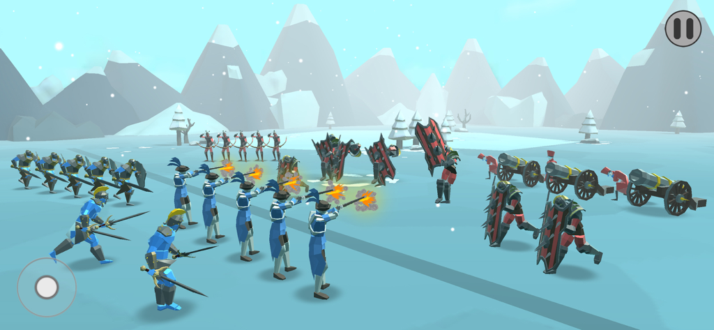 Epic Battle Simulator 2 - Blue musketeers firing at red infantry with shields and cannons in a snowy field