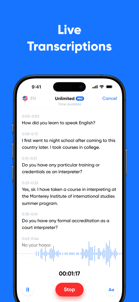 会話のライブ音声テキスト化と波形を表示するiPhoneインターフェース。