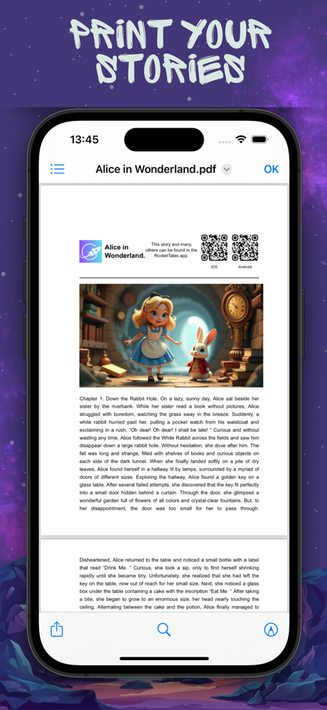 Bedtime AI Story Creator. - Smartphone display showing a printable PDF version of the Alice in Wonderland story from the RocketTales app
