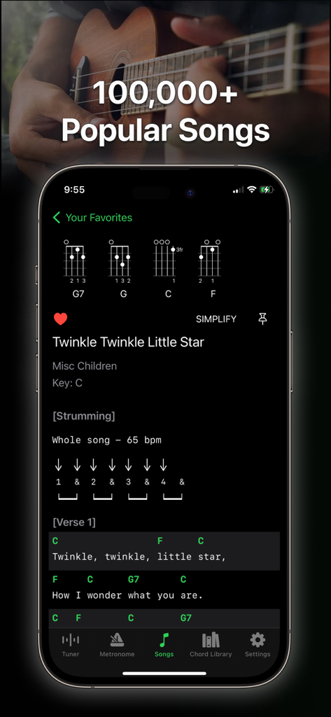 Uke Tuner: Song Chord Ukulele - Smartphone display showing ukulele chord diagrams and lyrics for a popular song