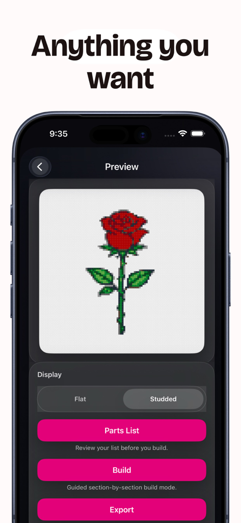 Brickart - Uma prévia de uma rosa vermelha transformada em um mosaico de blocos dentro do aplicativo Brickart.