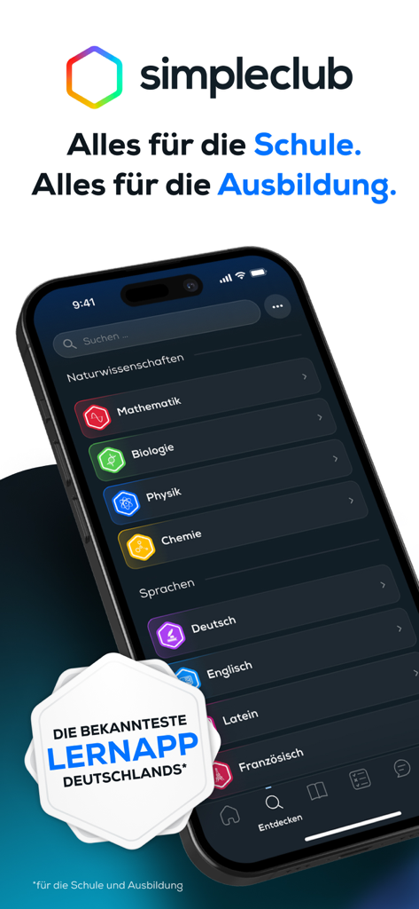 Smartphone-Bildschirm mit der simpleclub App-Oberfläche und einer Liste von Fächern wie Mathe, Biologie, Physik und Sprachen