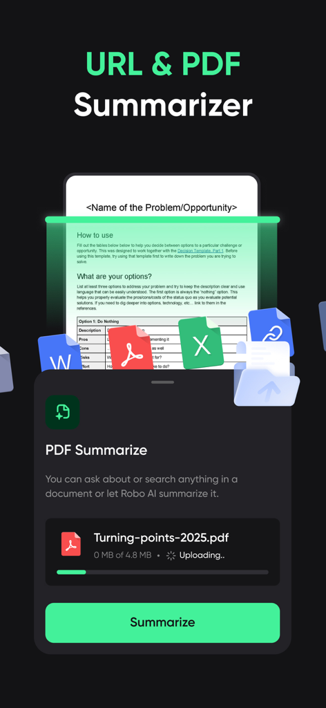RoboAI - Chat & Ask AI Chatbot - RoboAI app interface showing the URL and PDF summarization feature with a file upload progress bar