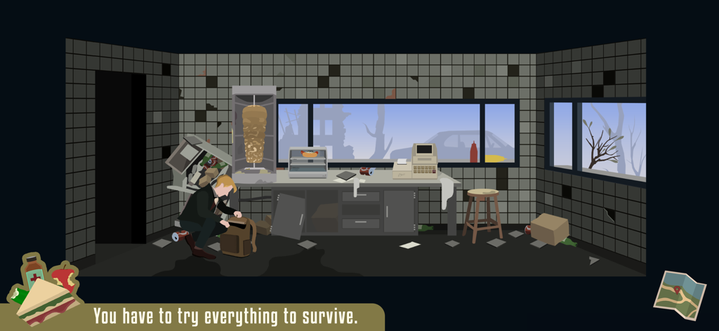 Quakeline - A hand-drawn gameplay scene from Quakeline showing a character searching for supplies inside a devastated shop after an earthquake in Istanbul.