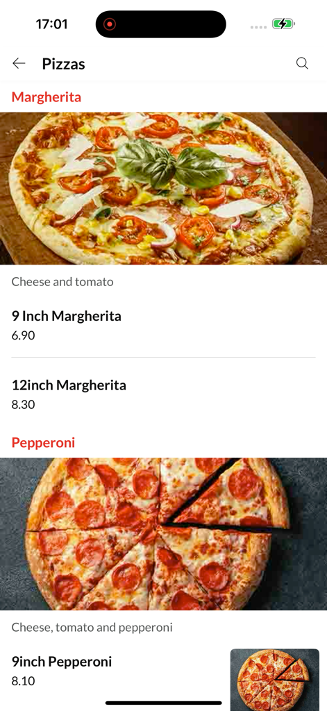 The Flame - The Flame app pizza menu display with Margherita and Pepperoni selections.