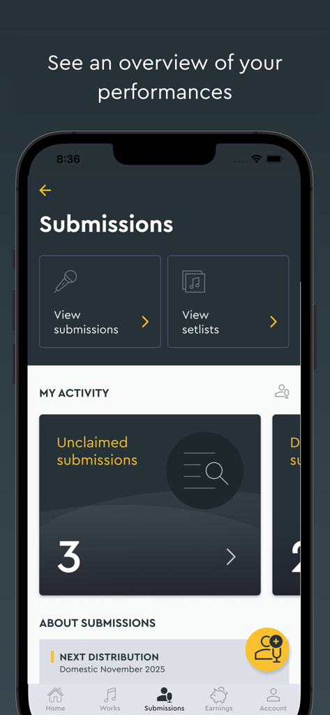 Submissions dashboard in the APRA AMCOS app for music creators showing performance reports and activity overview