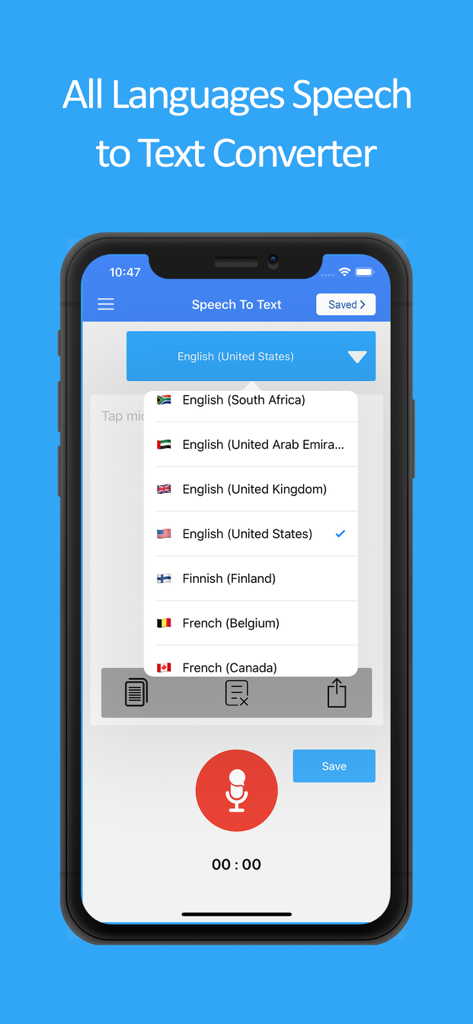 Speech to Text Voice Typing - Interfaz de la aplicación Voz a Texto mostrando un menú desplegable con múltiples idiomas para dictado por voz.