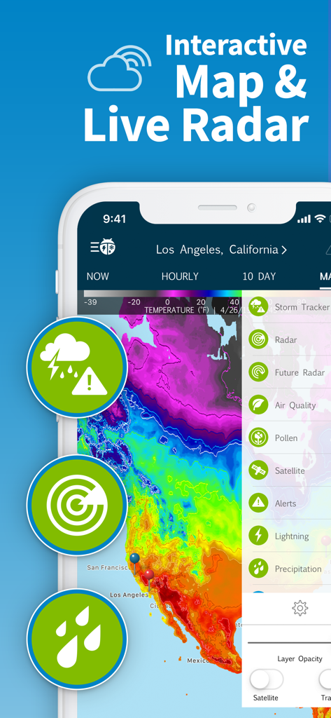 WeatherBug Elite interactive weather map and live radar features on a smartphone screen