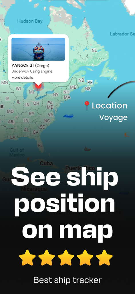 Ship Finder: GPS Ship Tracking - Una captura de pantalla de una aplicación móvil que muestra la posición y el estado en tiempo real de un buque de carga en un mapa marítimo de América del Norte.
