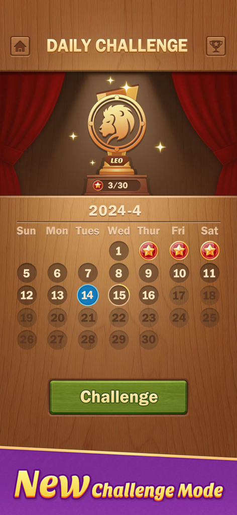 Wooden Block Adventure - Pantalla de desafío diario que muestra un calendario de madera y una recompensa de trofeo de león en la aplicación Aventura de Bloques de Madera.