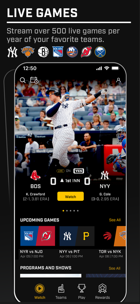 The Gotham Sports app home screen featuring a live New York Yankees game and a schedule of upcoming regional sports matches