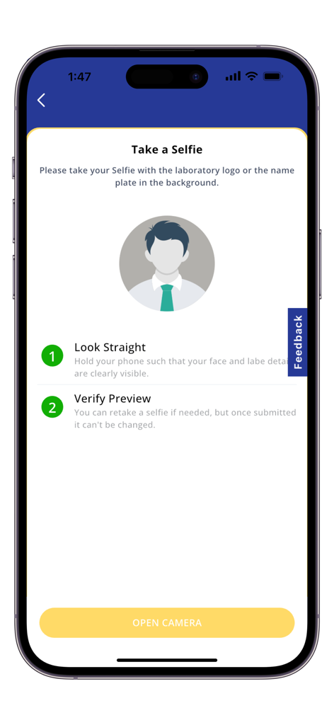 BIS Lab Audit - A screenshot of the BIS Lab Audit app displaying the Take a Selfie interface with instructions for auditors to verify their presence at a laboratory.