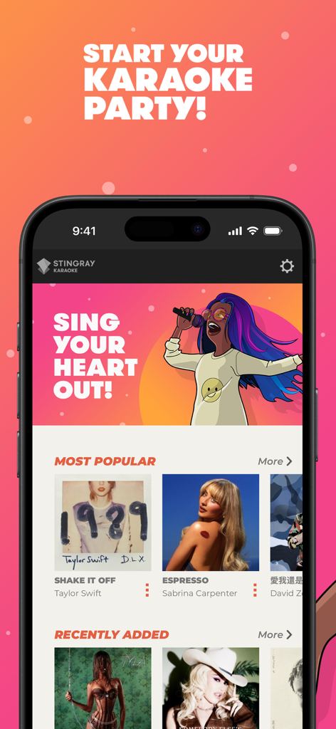 Stingray Karaoke Party - Stingray Karaoke Party mobile app interface showing popular song selections