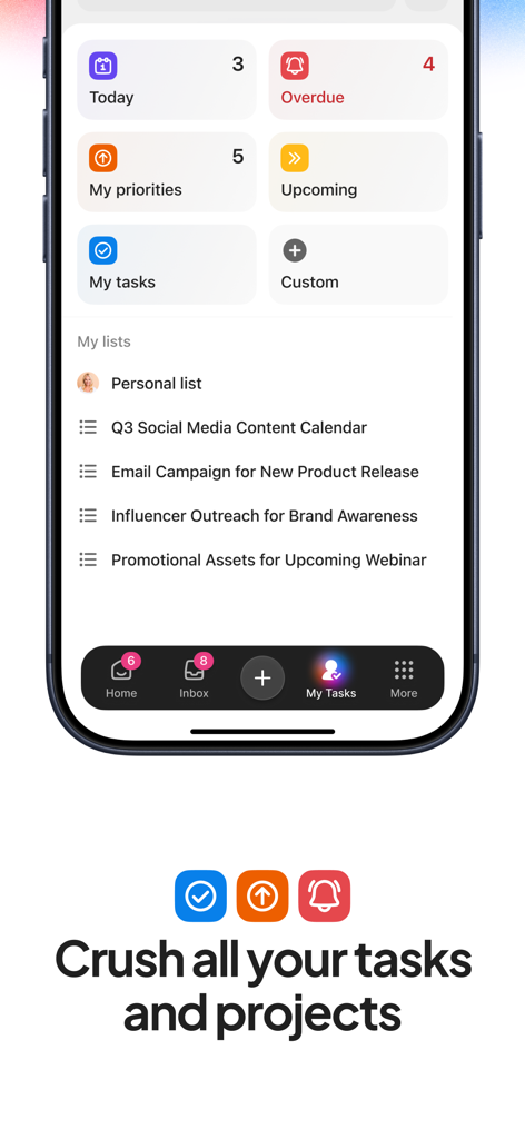 ClickUp mobile app dashboard displaying task categories like today and overdue alongside specific project lists for content calendars and marketing campaigns.