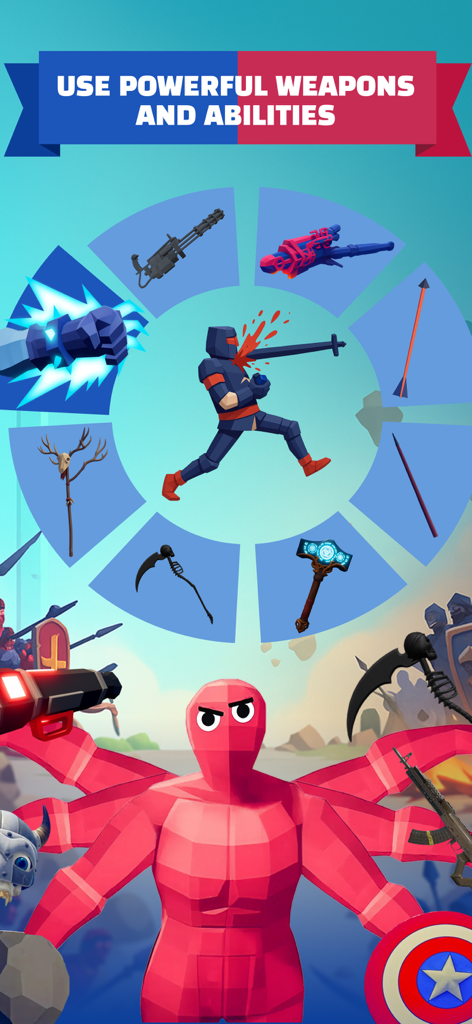 A menu showing powerful weapons and abilities available in the TABS Battle Simulator Mods app.