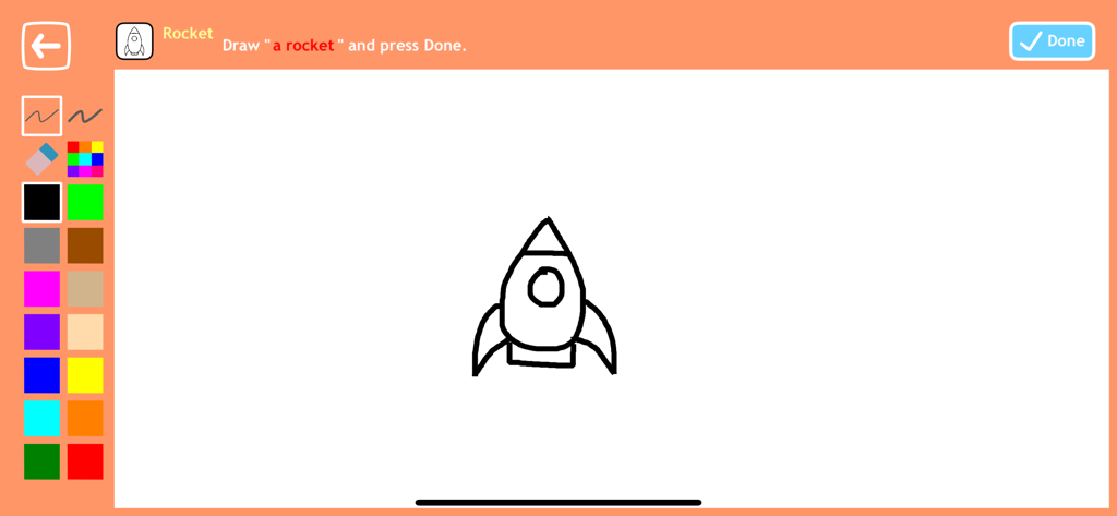 Drawing to Animation for Kids - Drawing interface showing a rocket sketch with colorful painting tools for kids