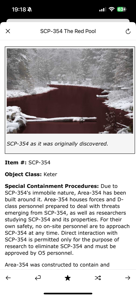 SCP Foundation Archive nn5n - A screenshot showing the SCP-354 Red Pool details in the SCP Foundation Archive app
