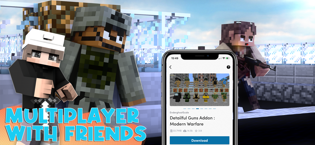Weapons & Cars Addons for MCPE - Minecraft characters in tactical gear with text saying Multiplayer with Friends and a phone showing a gun addon