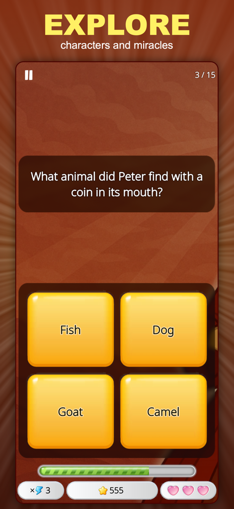 Bible Quiz: Trivia Game - A Bible trivia game interface showing a question about Peter and a coin with multiple choice options like fish dog goat and camel