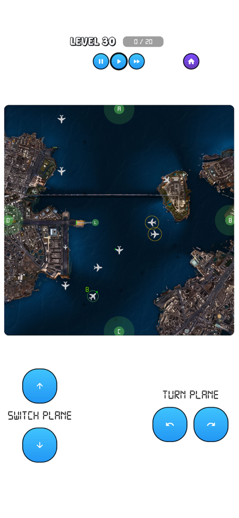 Air Traffic Control ATC Game screen showing level 30 gameplay with planes on a coastal airport map