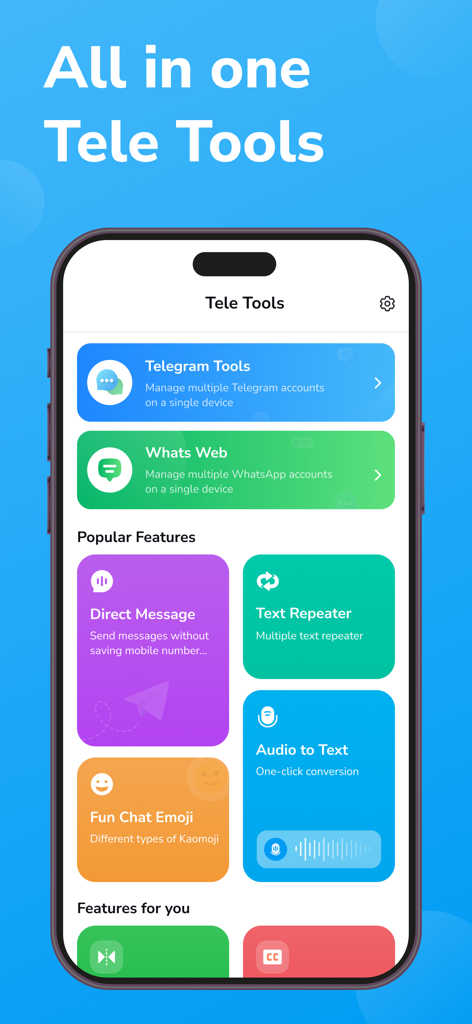 Tele Web Tools for Messenger - Tele Web Tools app dashboard with messenger utilities like dual chat and audio to text