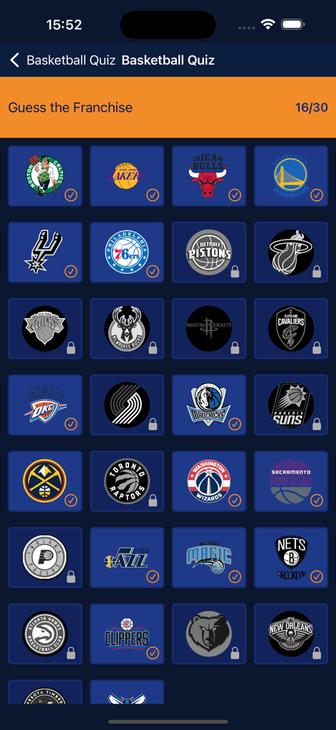 A mobile game screen from Basketball Ultimate Quiz showing a grid of NBA team logos for a Guess the Franchise trivia level.