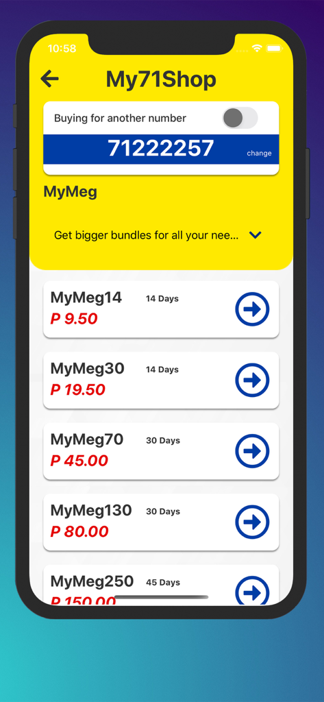 MascomOnline - The My71Shop screen in the MascomOnline app showing various data bundle options and prices.