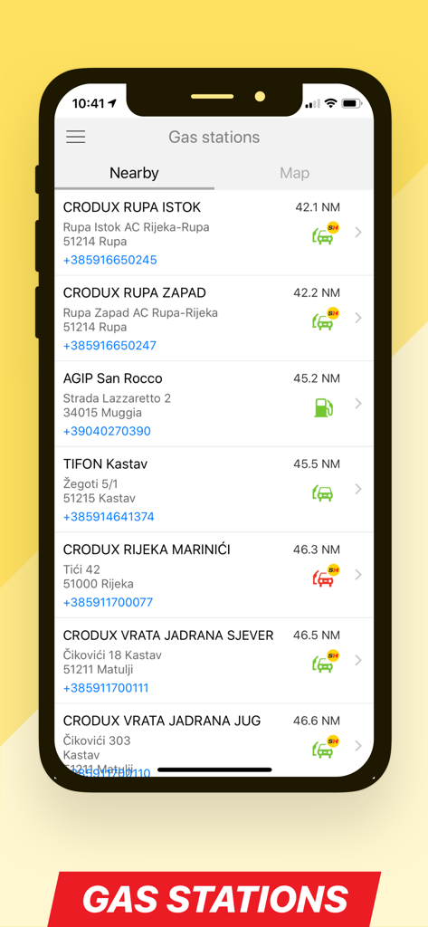 SeaHelp - SeaHelp app screen showing a list of nearby gas stations for boaters with distances in nautical miles