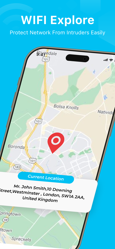 WiFi Analyzer : Map & DNS - iPhone screen displaying the WiFi Analyzer app map feature with current location pin and address details
