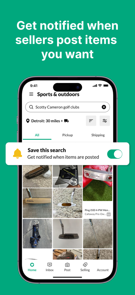 OfferUp - Buy. Sell. Simple. - OfferUp app screen showing a saved search for golf clubs with a notification toggle enabled.