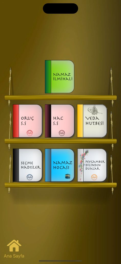 A virtual bookshelf within the app featuring various Islamic educational books and prayer guides