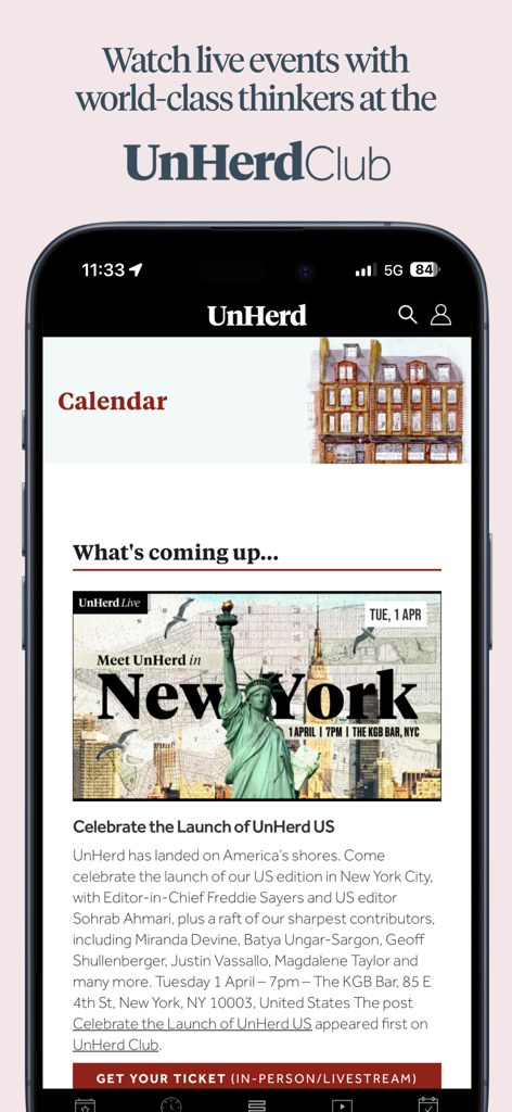 UnHerd mobile app showing the events calendar with a featured event for the New York launch.