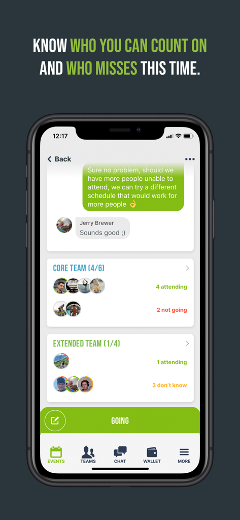 Mobile App-Oberfläche zeigt den Anwesenheitsstatus von Teammitgliedern und eine Chat-Nachricht für die Planung von Sportveranstaltungen