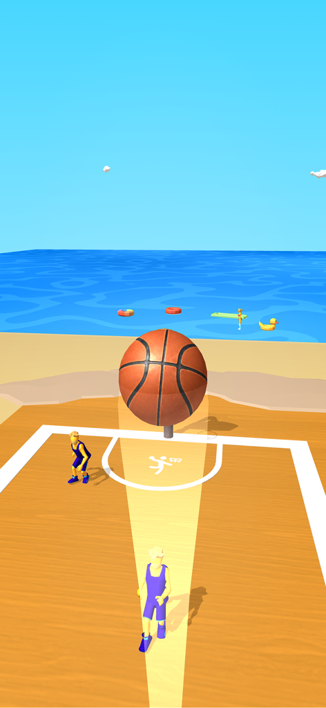 First person basketball gameplay on a sunny beach court in Dribble Hoops