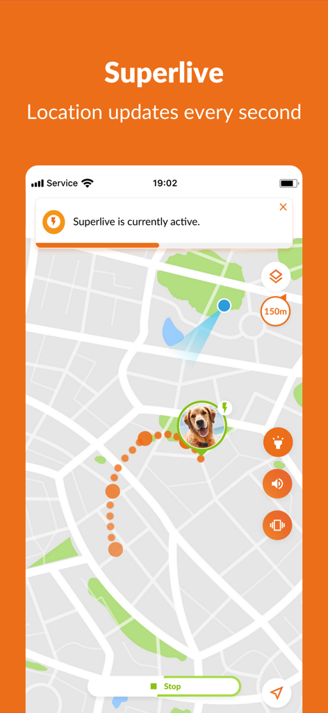 Weenect® - GPS - スーパーライブモードで地図上に犬のリアルタイム位置を示すWeenectアプリのスクリーンショット。