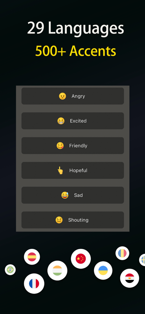 EchoVoice - Real Voice Cloning - Bildschirm, der zeigt, dass die EchoVoice-App 29 Sprachen und über 500 Akzente mit Sprach-Emotionsoptionen wie wütend, aufgeregt und freundlich unterstützt