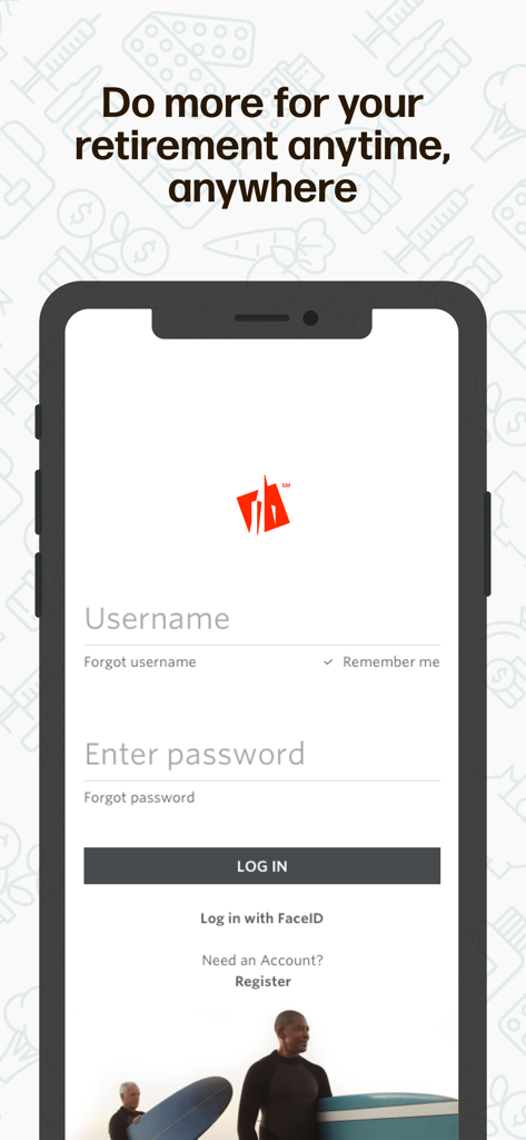 Transamerica Retirement App - Login screen for the Transamerica Retirement App showing username and password entry fields.
