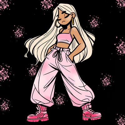 girl in baggy pants crop top and long hair