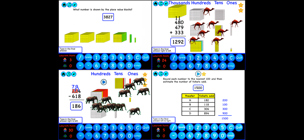 4th Grade Math - Math Galaxy - Four screenshots of the 4th Grade Math Math Galaxy app showing place value blocks addition subtraction and rounding exercises