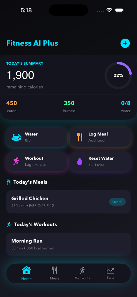 Fitness AI Plus - Fitness AI Plus home screen dashboard showing daily calorie and water tracking summaries